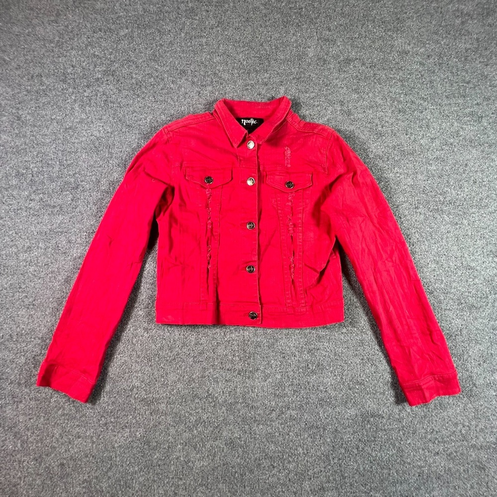 Nostic Jacket Womens Large Red Denim Distressed Button Front Y2K Streetwear Punk